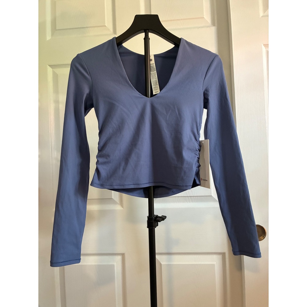 Lululemon All It Takes V-Neck LS Ribbed Nulu Blue Top B-D Cup Size 4